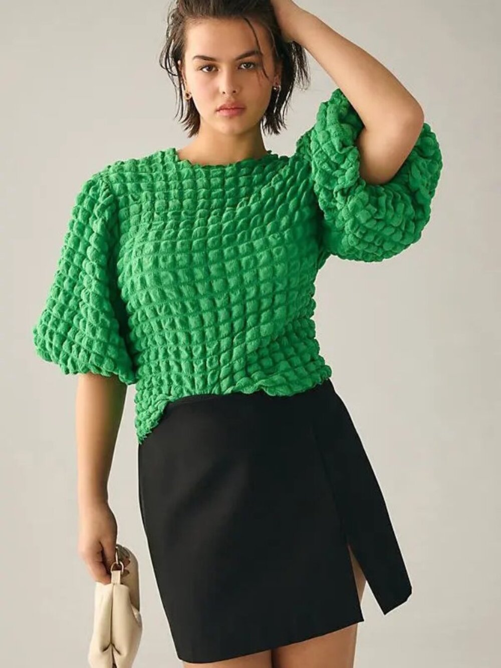 NWT New Eri + Ali Anthropologie Textured Puff-Sleeve Top Green Size XS